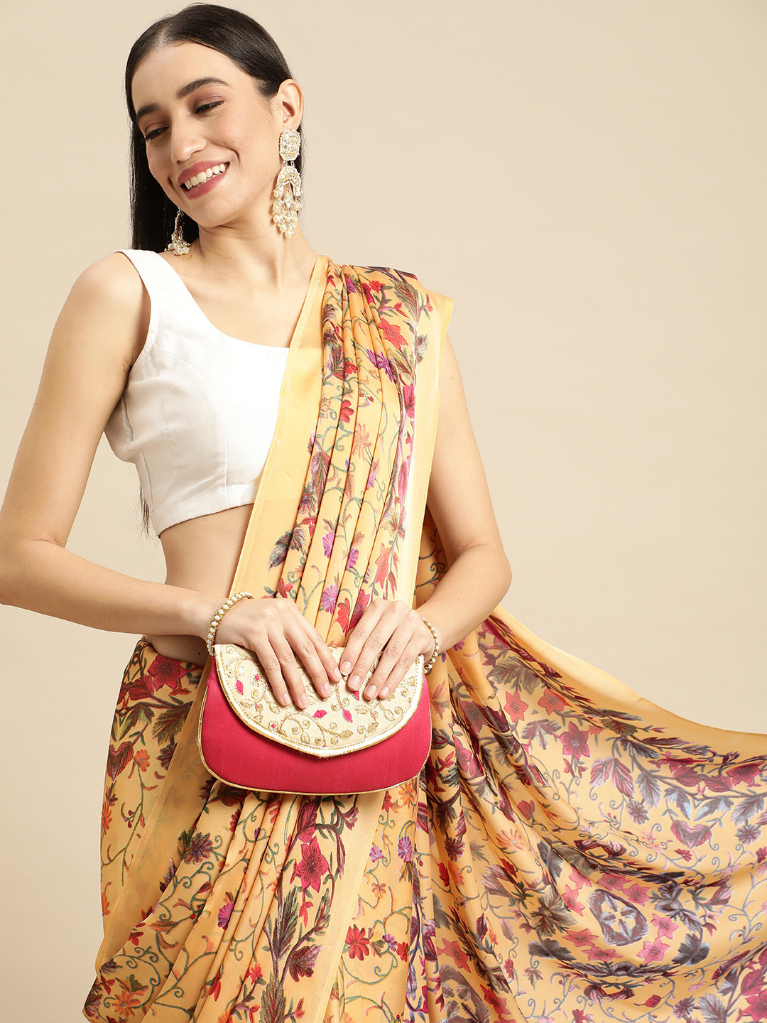 RACHNA Yellow Floral Satin Saree