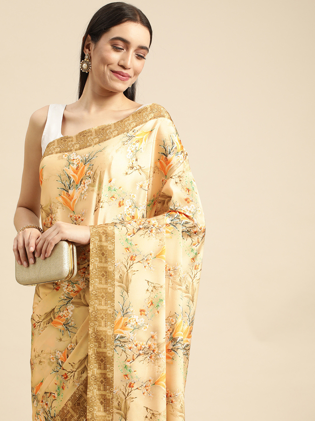RACHNA Beige Floral Satin Saree