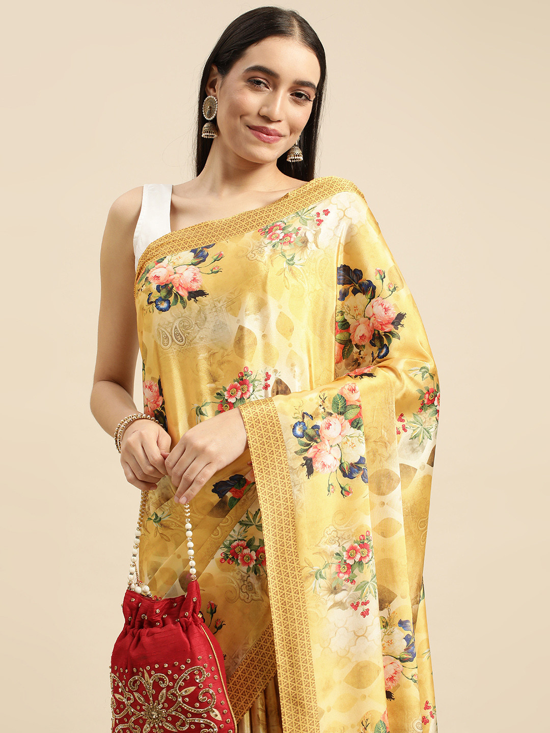 RACHNA Yellow Floral Satin Saree