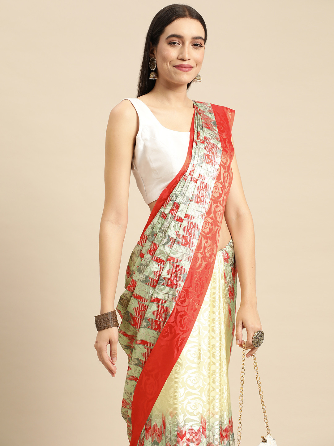 RACHNA Red Ethnic Motifs Satin Saree