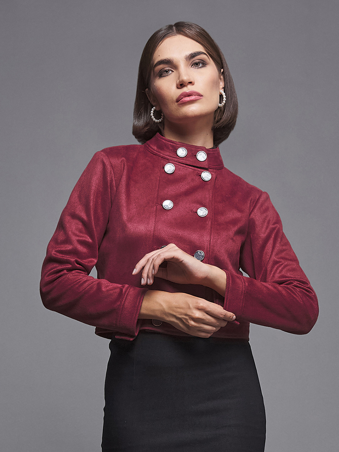 Miss Chase Women Red Suede Crop Tailored Jacket