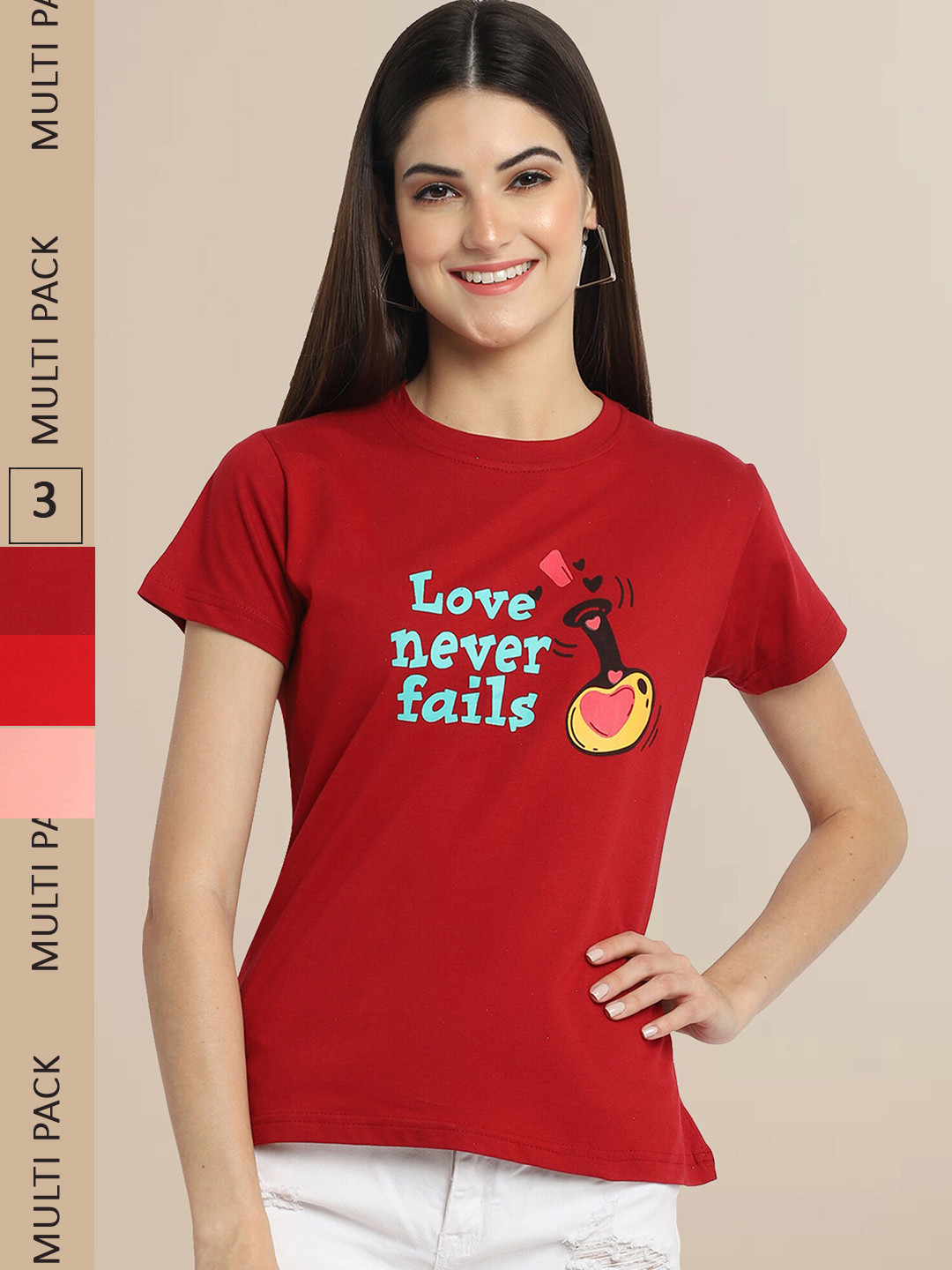 Fabflee Women Red & Peach Pack of 3 Printed Cotton T-shirt