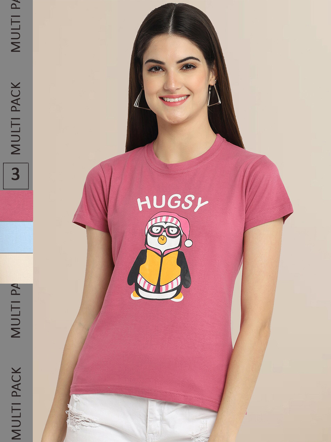 Fabflee Pack Of 3 Women Typography Printed Cotton T-shirtss