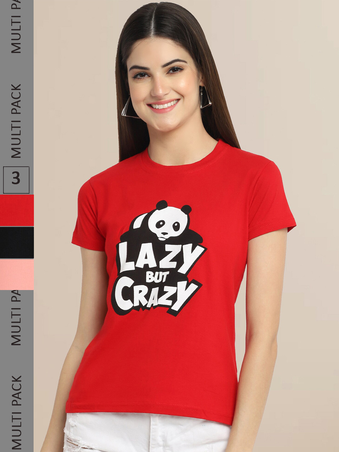 Fabflee Red & Black Pack Of 3 Printed Cotton T-shirts