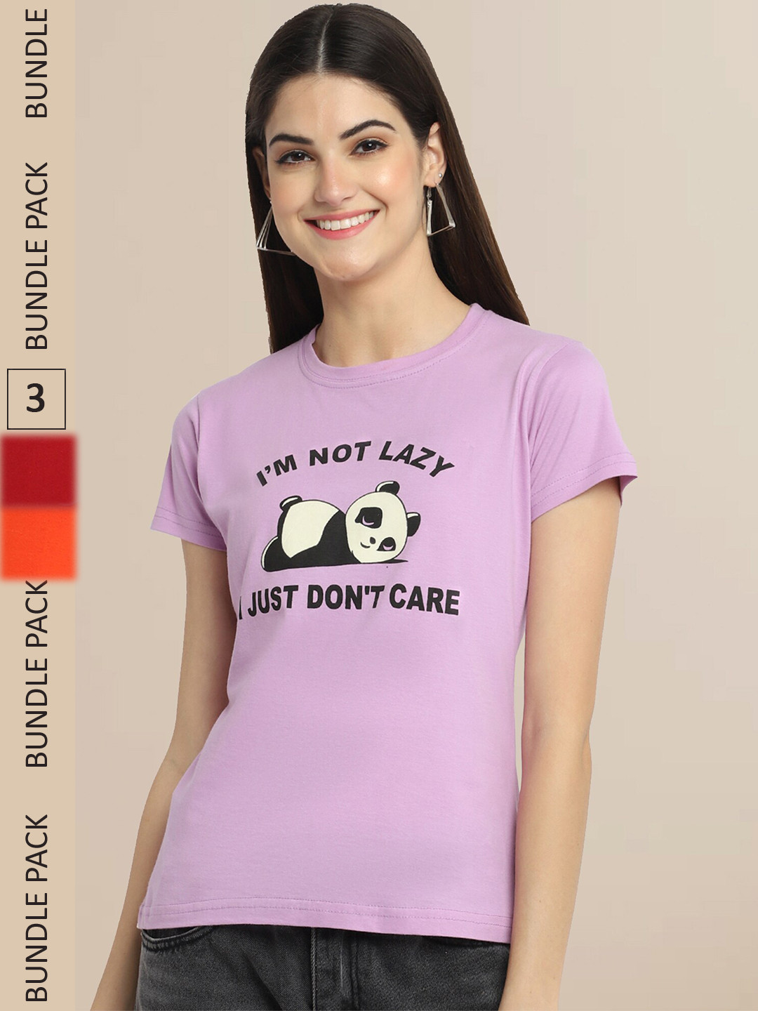 Fabflee Lavender & Orange Pck Of 3 Typography Printed Cotton T-shirts