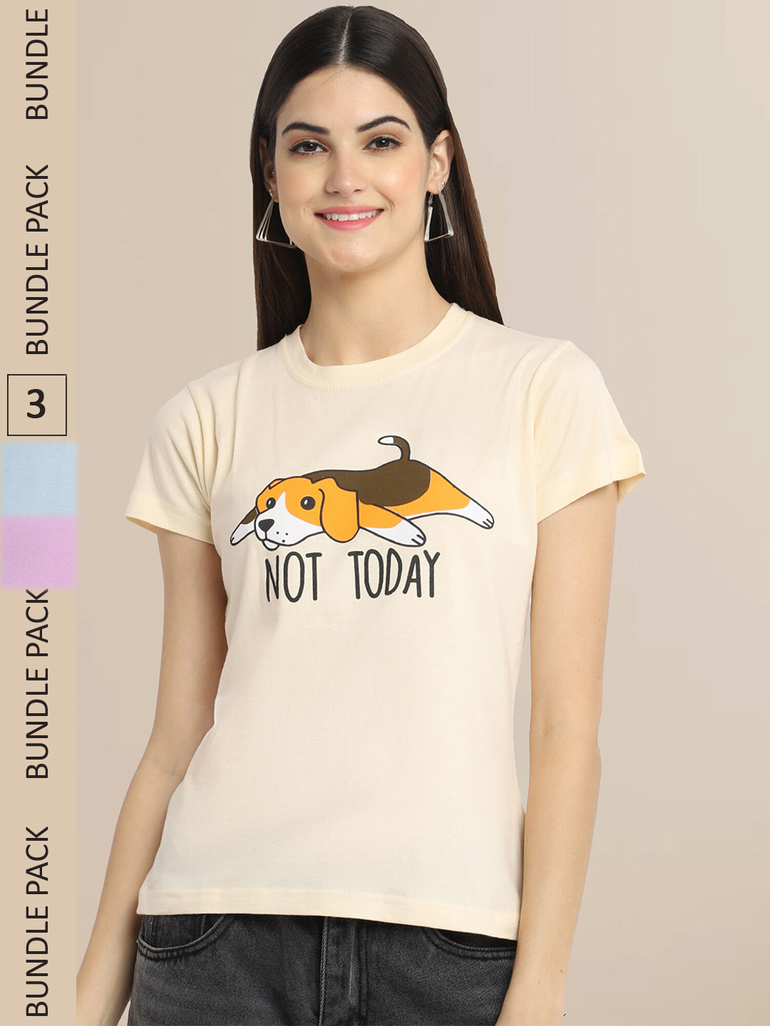 Fabflee Cream & Lavender Pack Of 3 Printed Cotton T-shirts