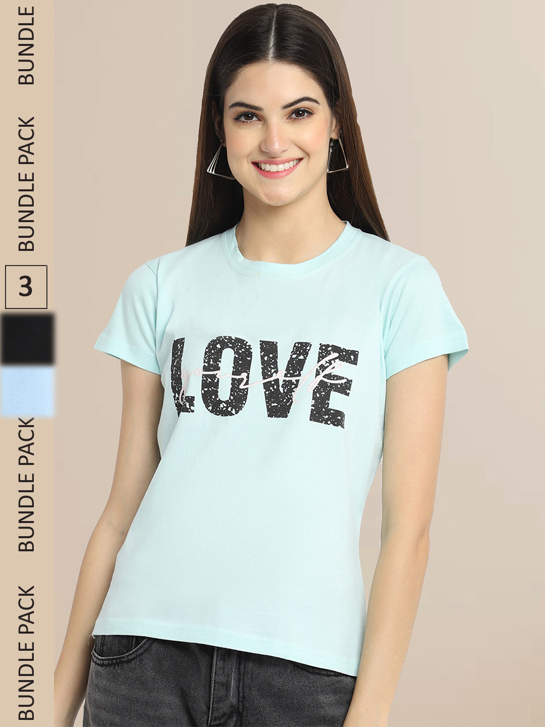 Fabflee Women Sea Green & Blue Pack Of 3 Printed Cotton T-shirts