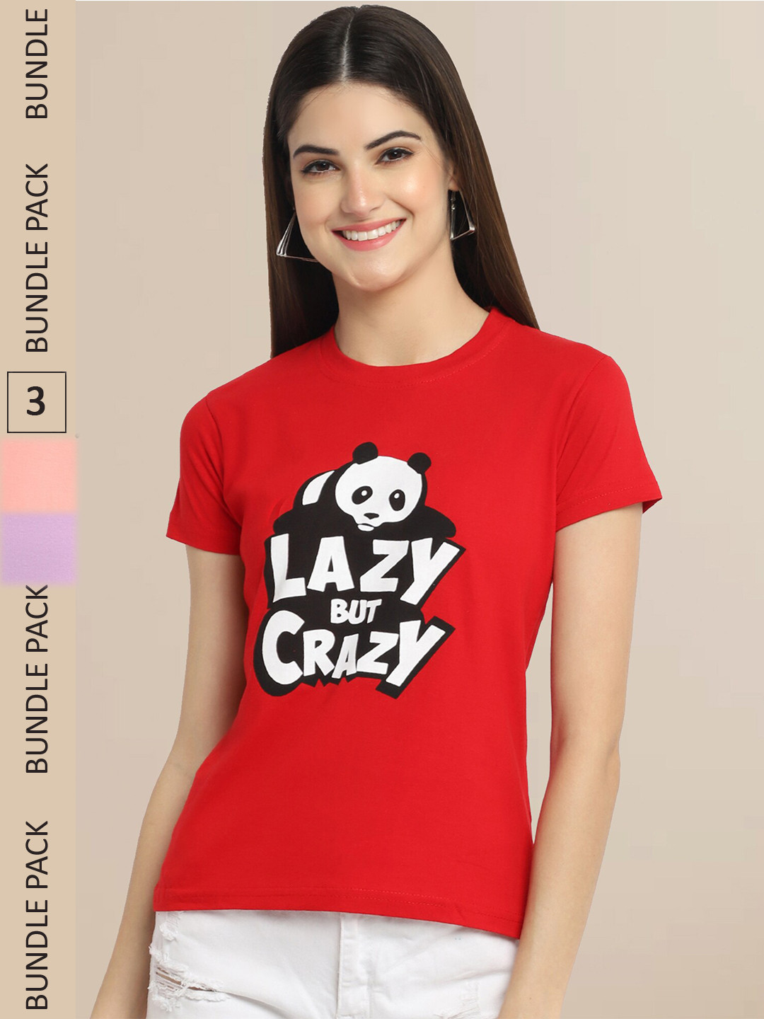 Fabflee Red & Lavender Pack Of 3 Printed Cotton T-shirts