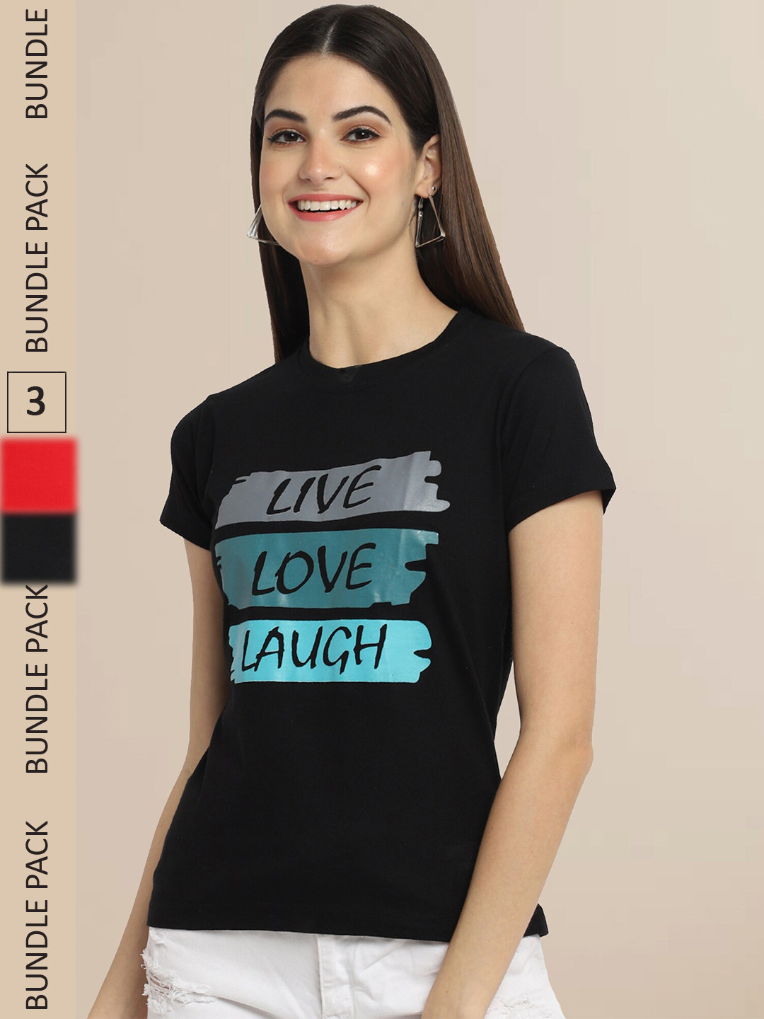 Fabflee  Black & Red Pack Of 3 Typography Printed Cotton T-shirts