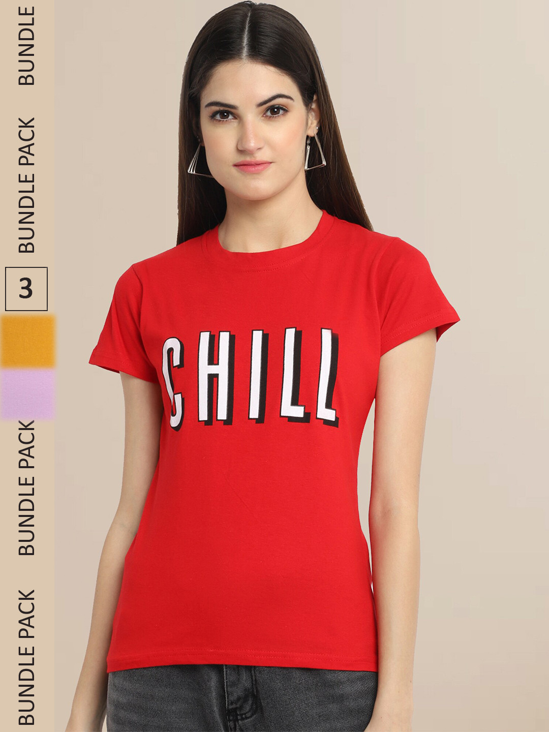 Fabflee Red & Lavender Pack Of 3 Typography Printed Cotton T-shirts