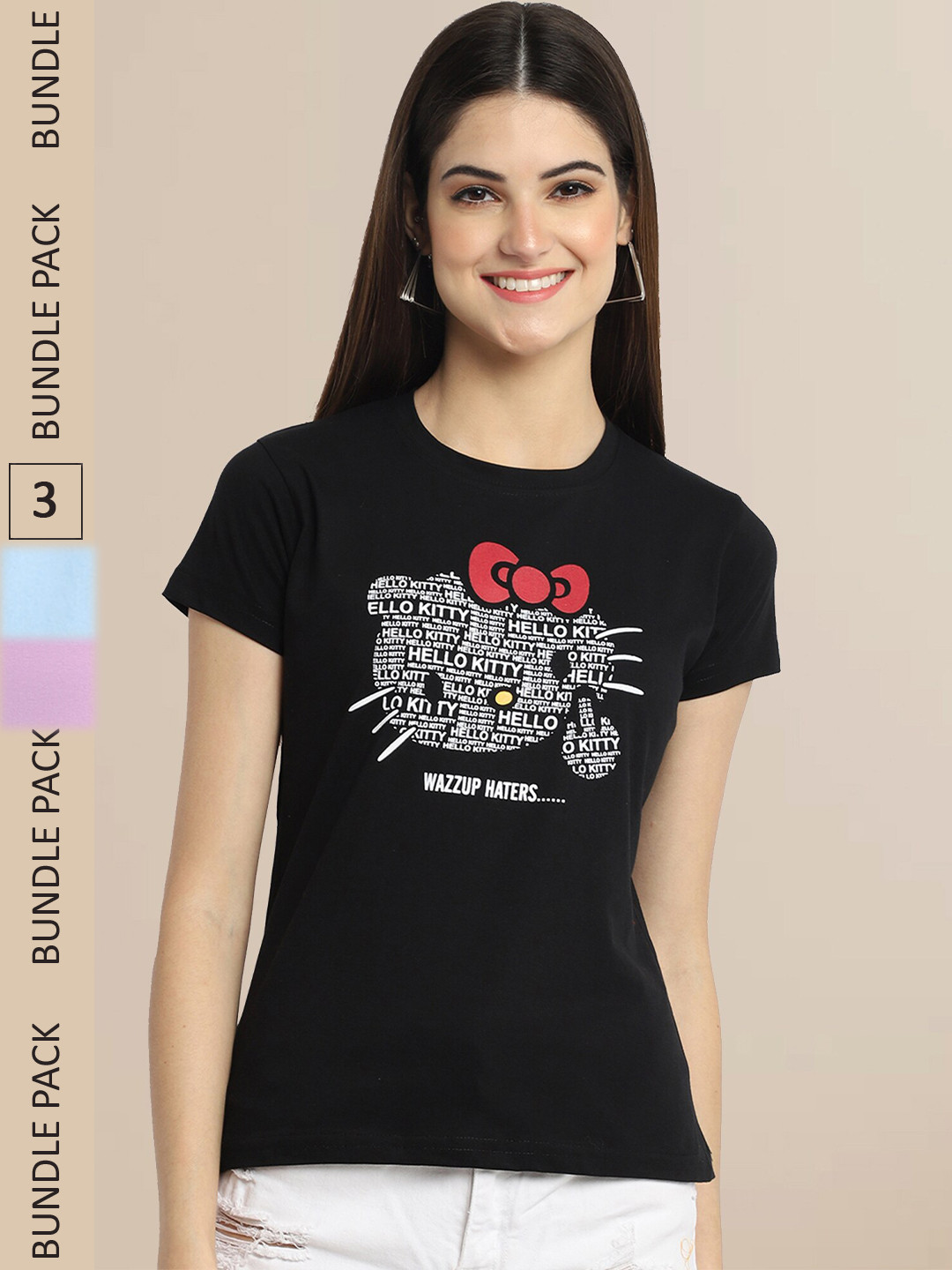 Fabflee Black & Lavender Pack Of 3 Printed Cotton T-shirts