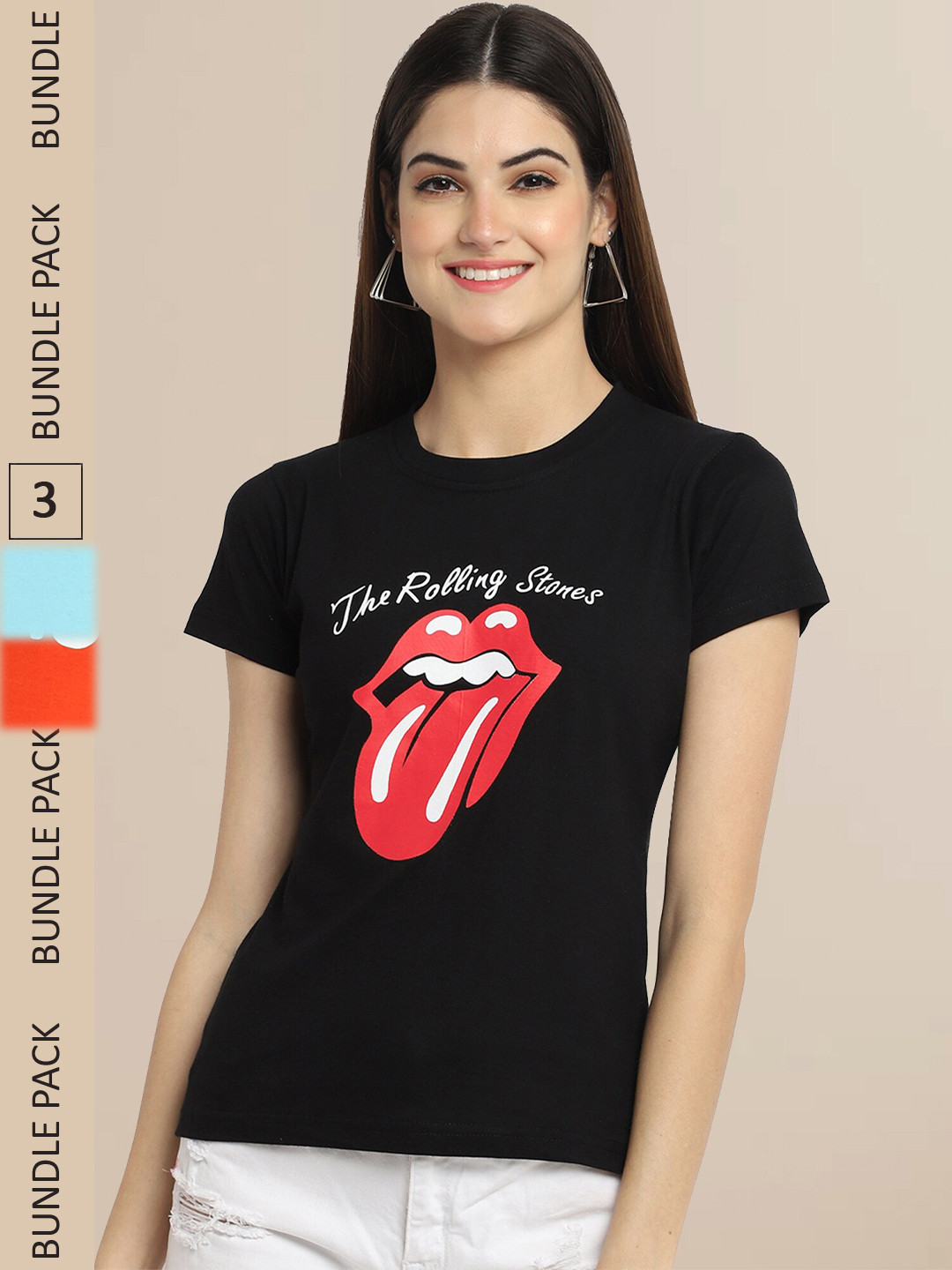 Fabflee Black & Turquoise Blue Pack Of 3 Printed Cotton T-shirts