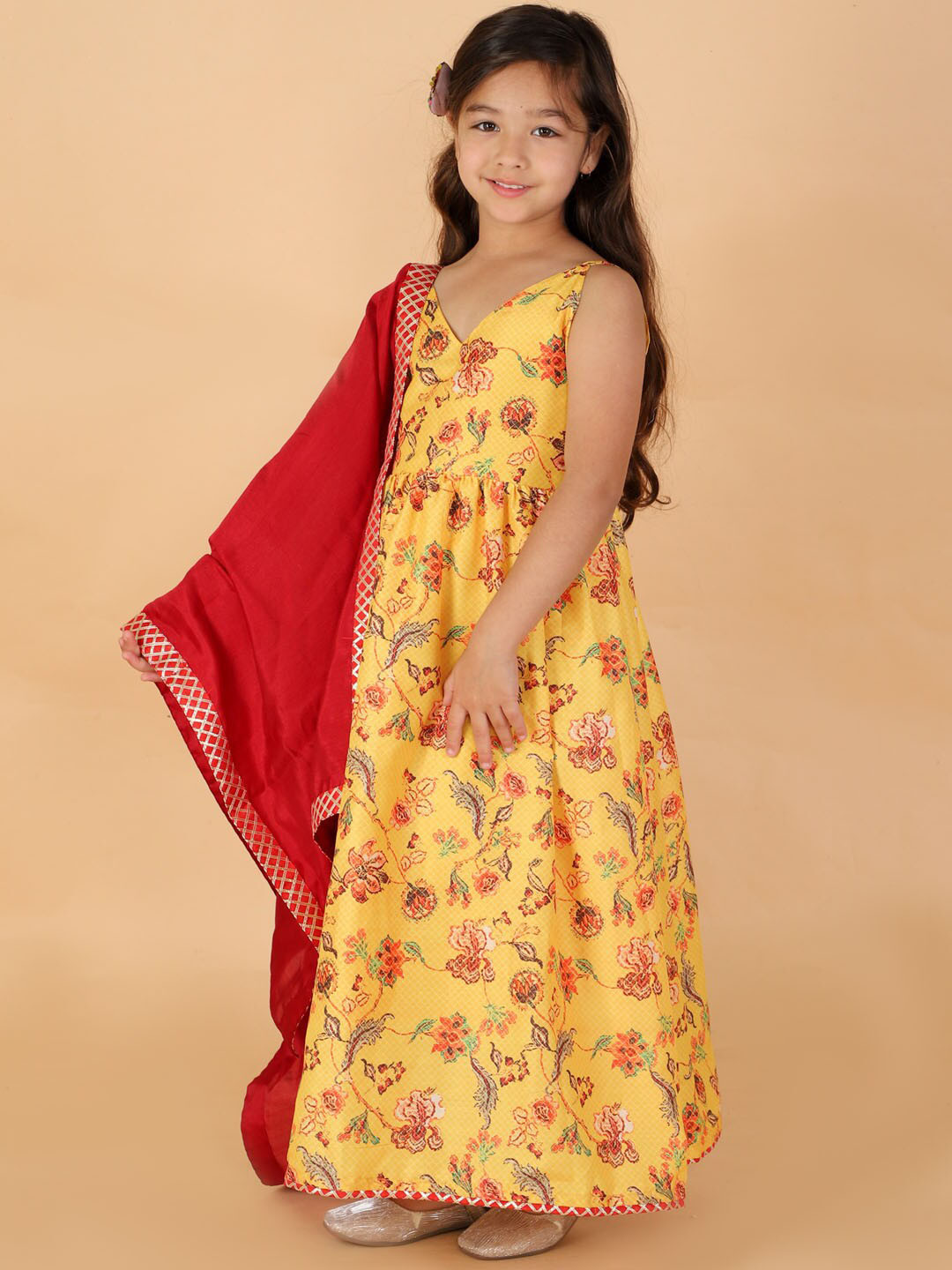 VASTRAMAY Girls Floral Printed Muslin A-Line Maxi Dress with Dupatta