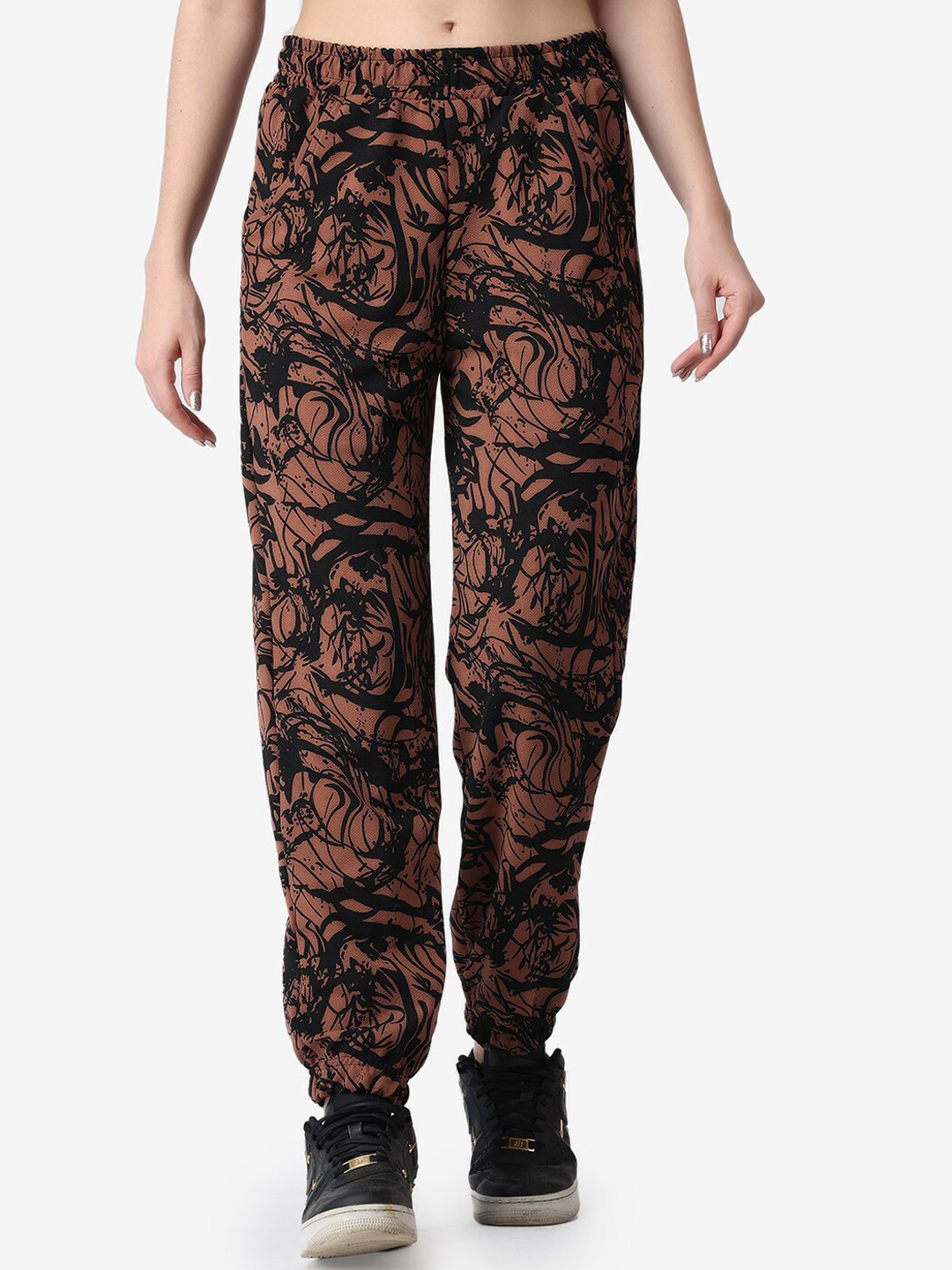 Popwings Women Coffee Brown & Black Printed Smart High-Rise Joggers