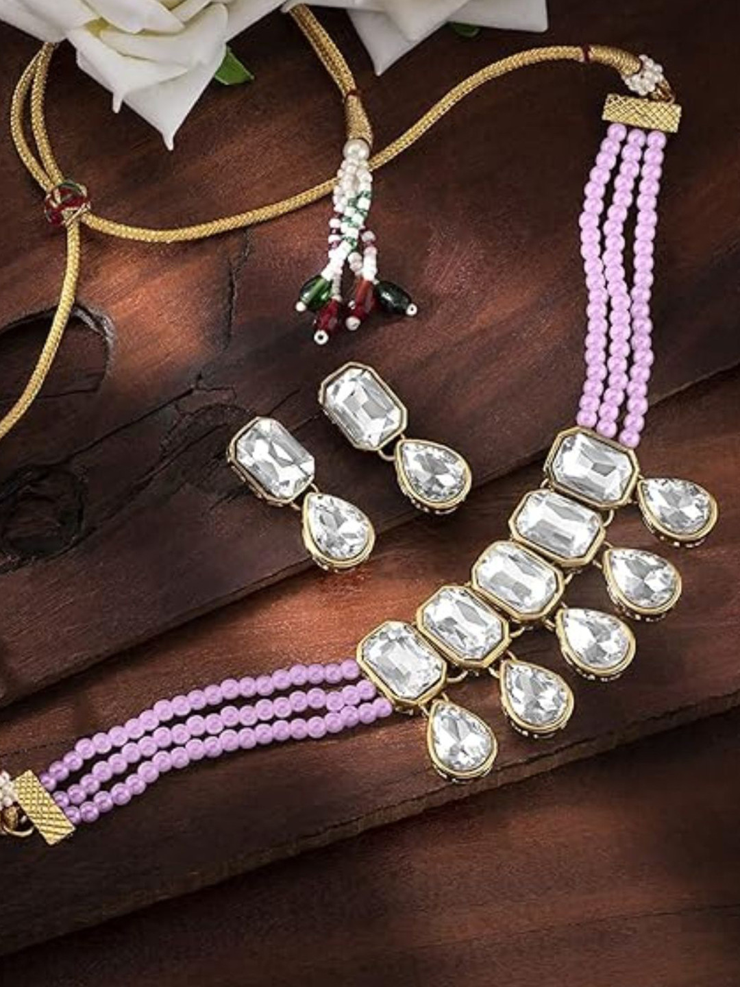 I Jewels Gold & Pink Gold Plated Crystal Studded Pearls Beaded Jewellery Set