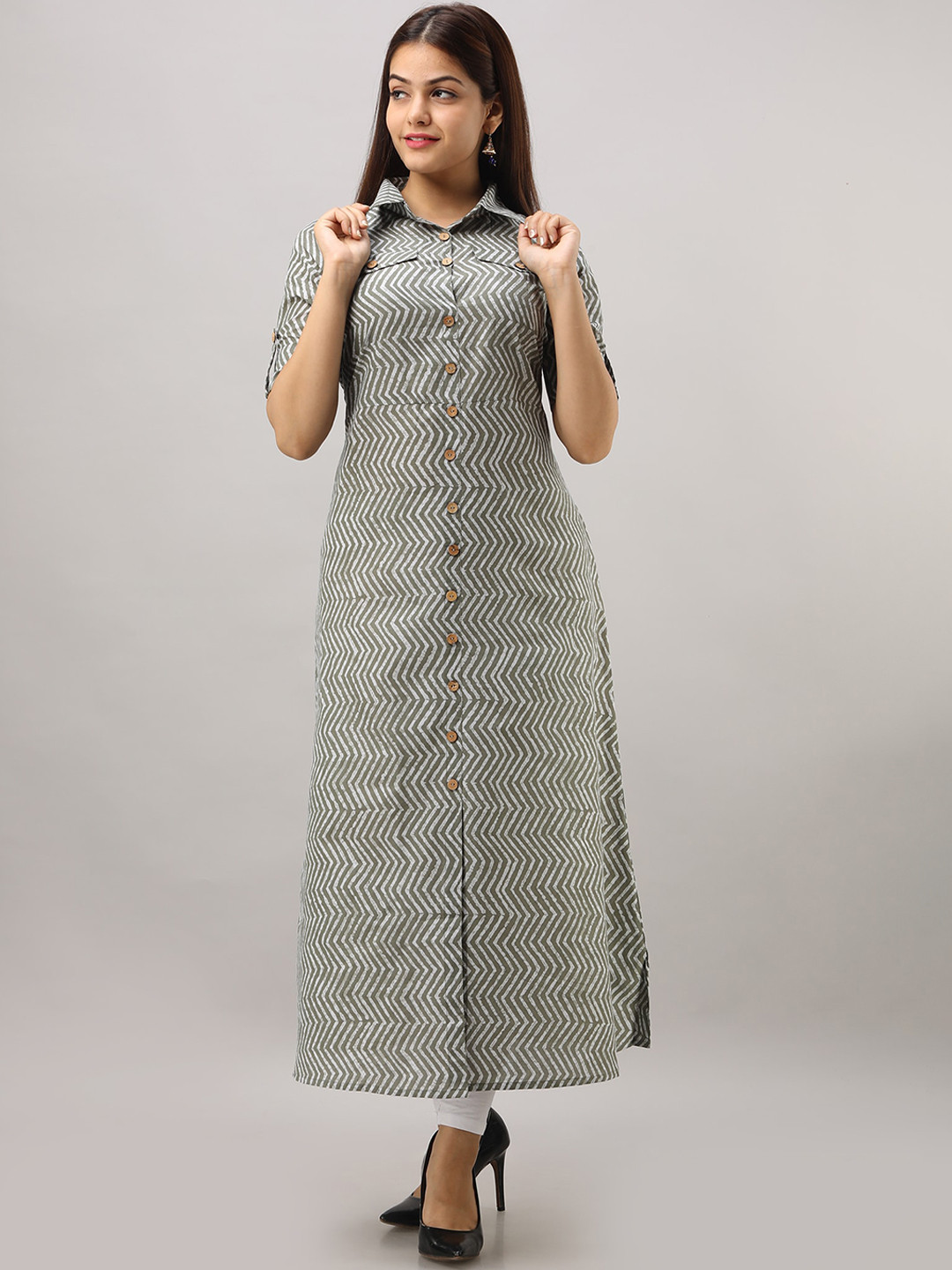 SVARCHI Shirt Collar Geometric Printed Cotton Kurta