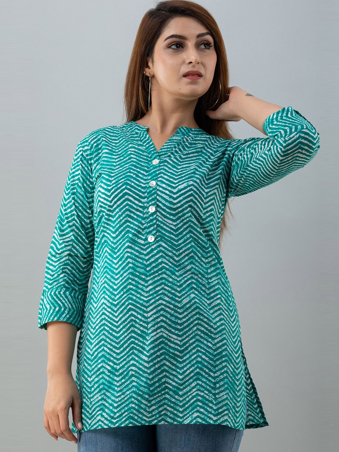 SVARCHI Women Turquoise Blue Geometric Printed Pure Cotton Kurtis