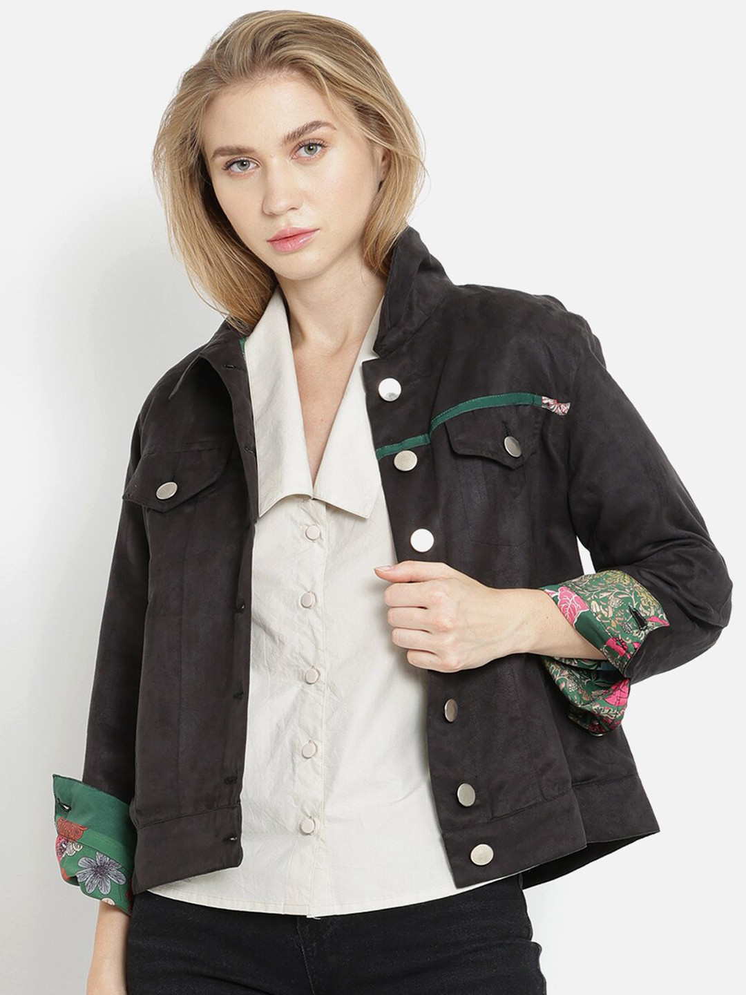 SHAYE Women Suede with Printed Lining Crop Denim Jacket