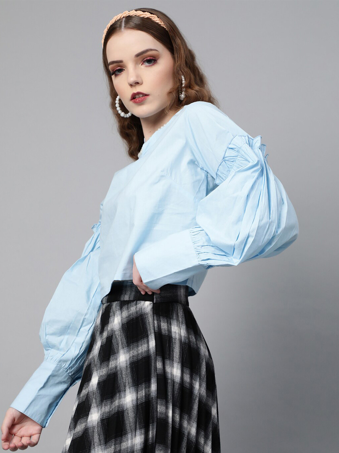 plusS Blue Ruffles Cuffed Sleeves Crop Top