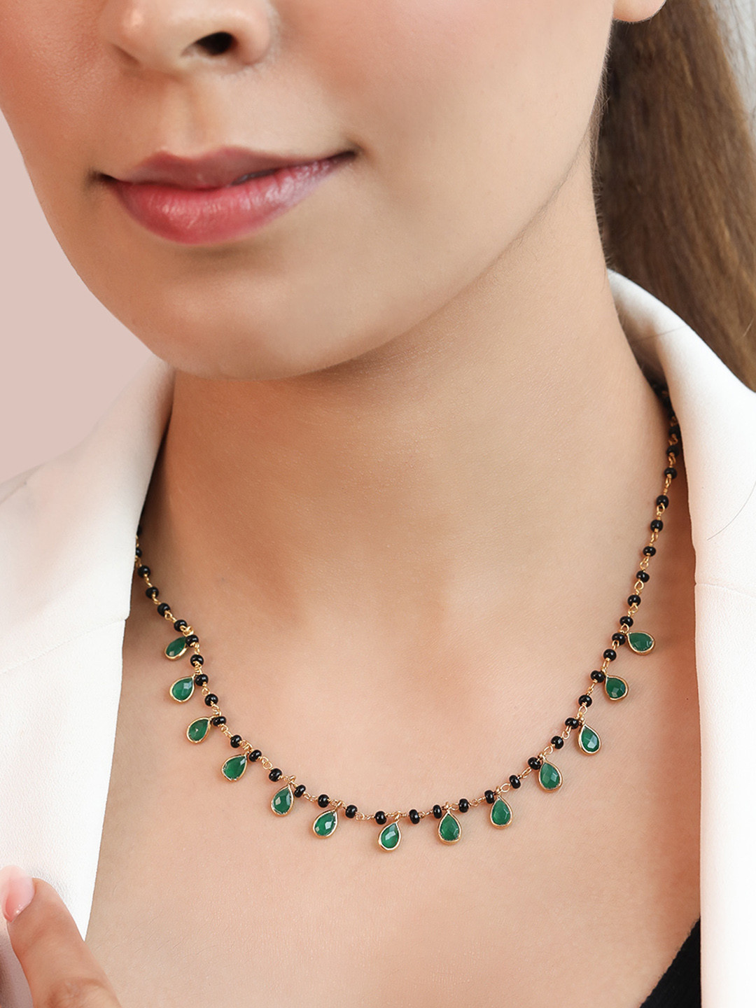 Zavya Gold-Plated & Black Beaded & Stone-Studded Mangalsutra