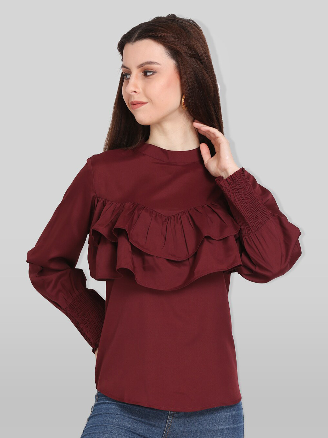 Fuchsia  Maroon Mandarin Collar Ruffles Top