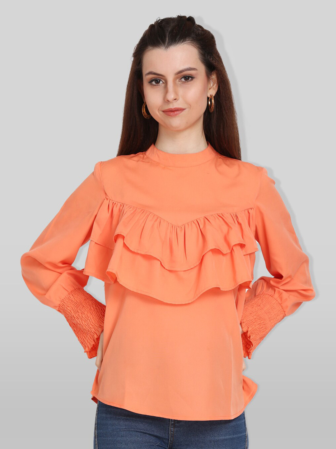 Fuchsia  Coral Mandarin Collar Ruffles Top