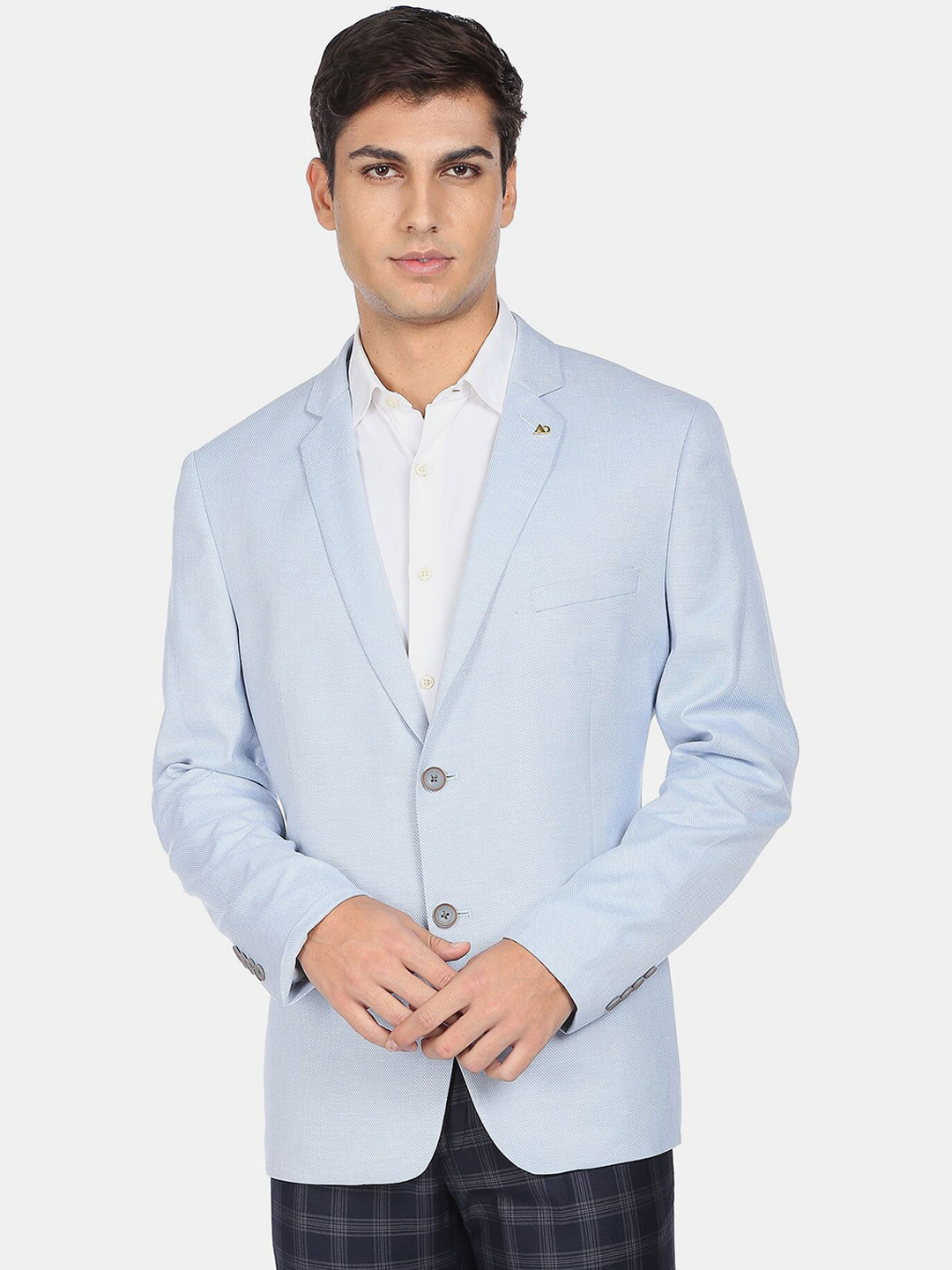 AD By Arvind Men Light Blue Self Design Single Breasted Formal Blazers