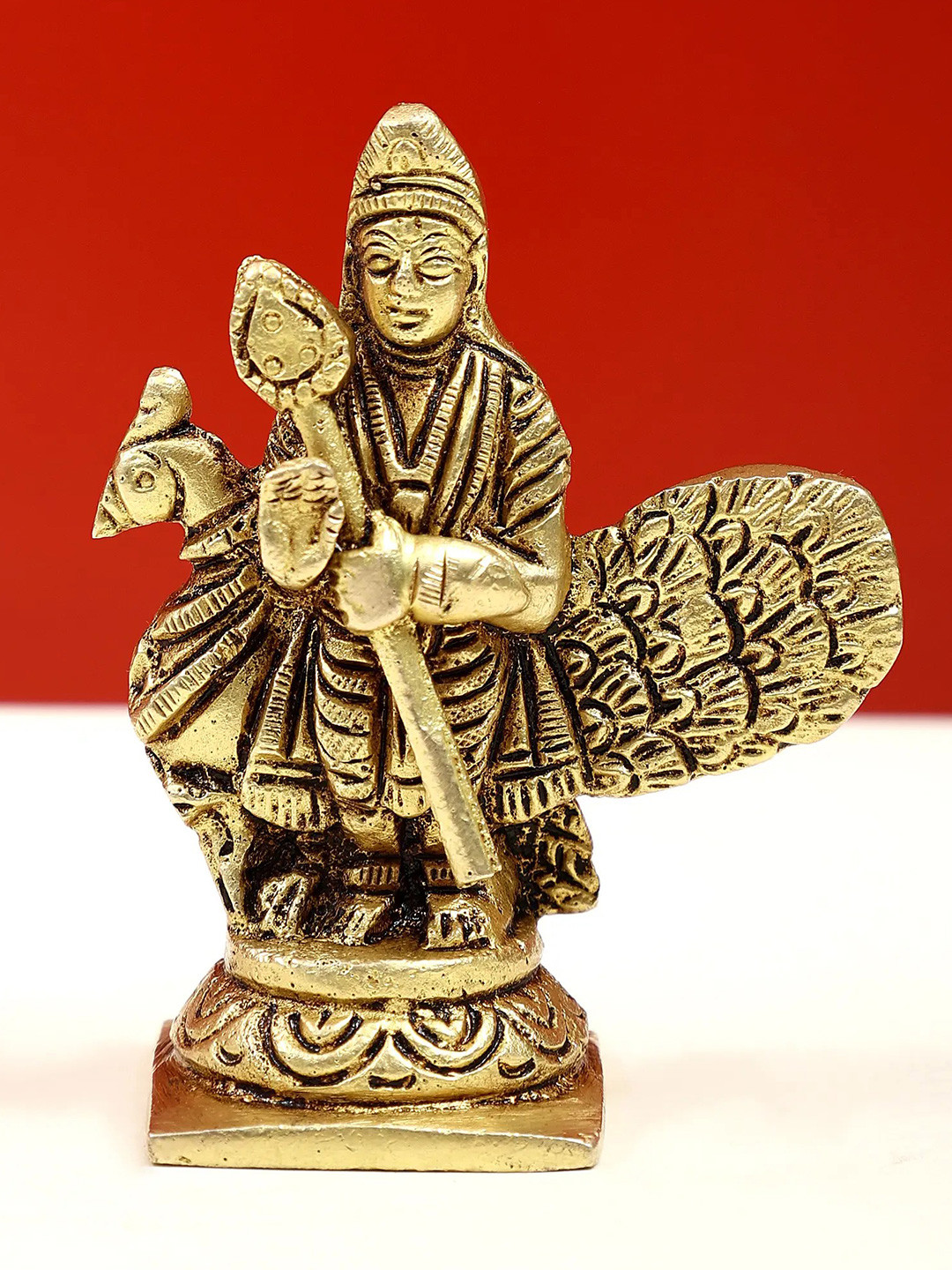 Exotic India Gold-Toned Small Standing Lord Religious Kartikeya With Peacock