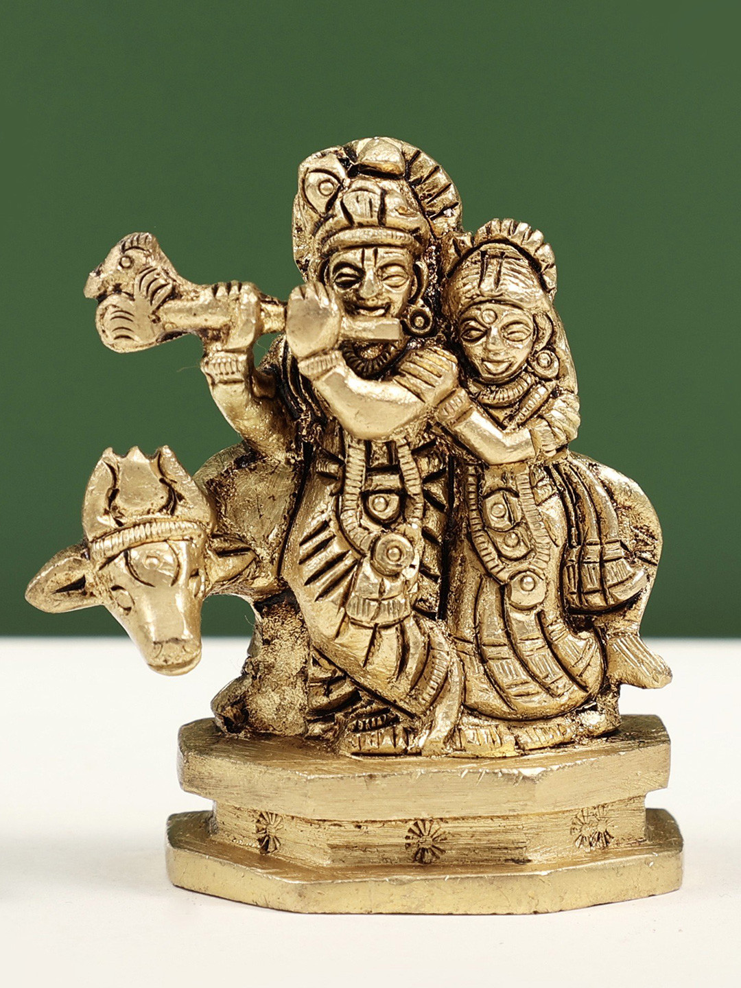 Exotic India Gold-Toned & Black Religious Radha Krishna with Cow Idol Showpiece