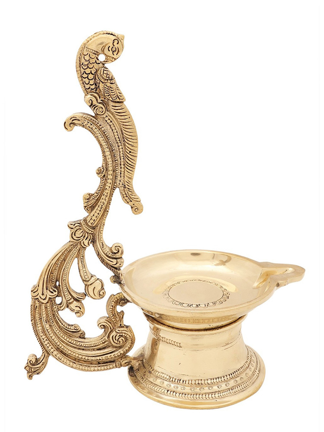 Exotic India Gold-Toned Superfine Engraved Parrot Wick Lamp In Brass