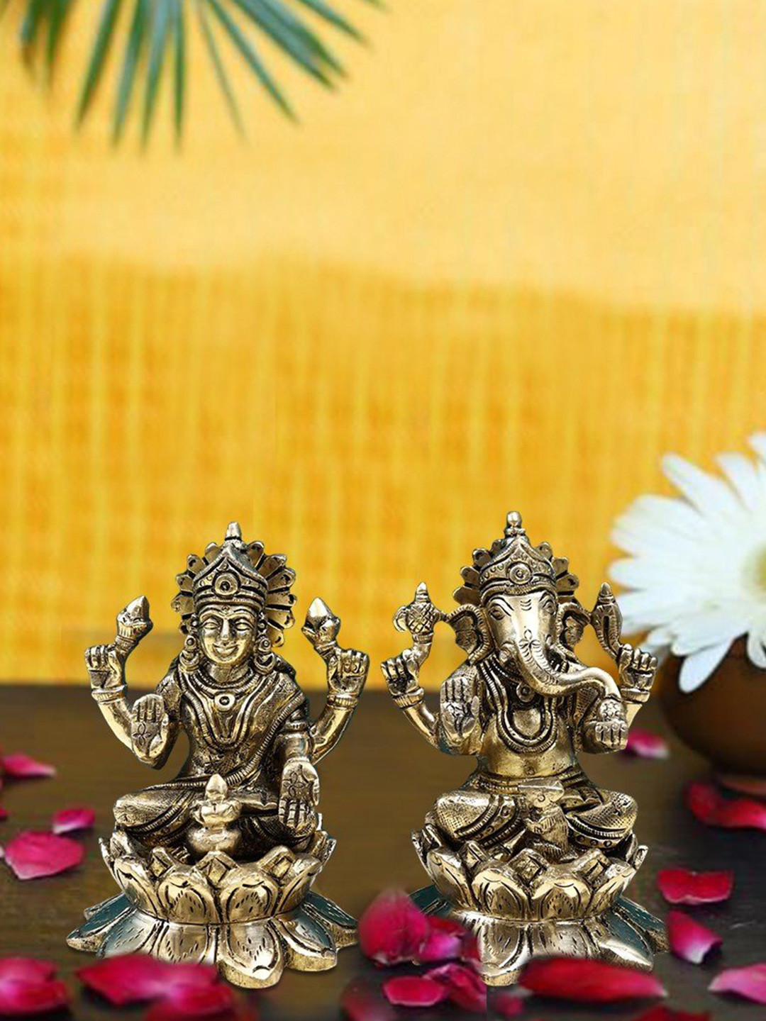 Exotic India Gold Toned 2 Pieces Lakshmi Ganesha On Lotus Religious Idol Showpieces