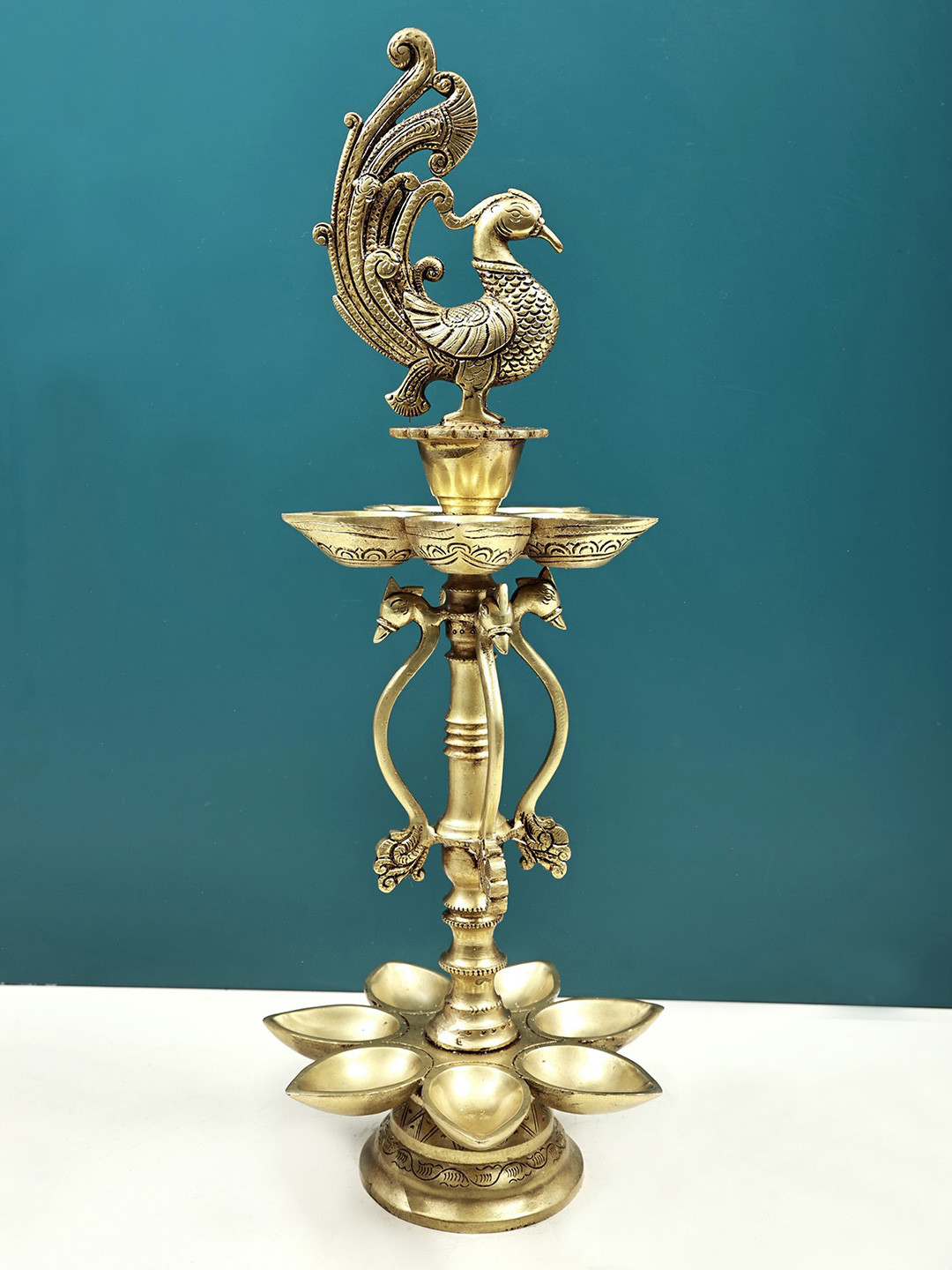 Exotic India Brass 2 Layer of Peacock Lamp with 12 Wicks