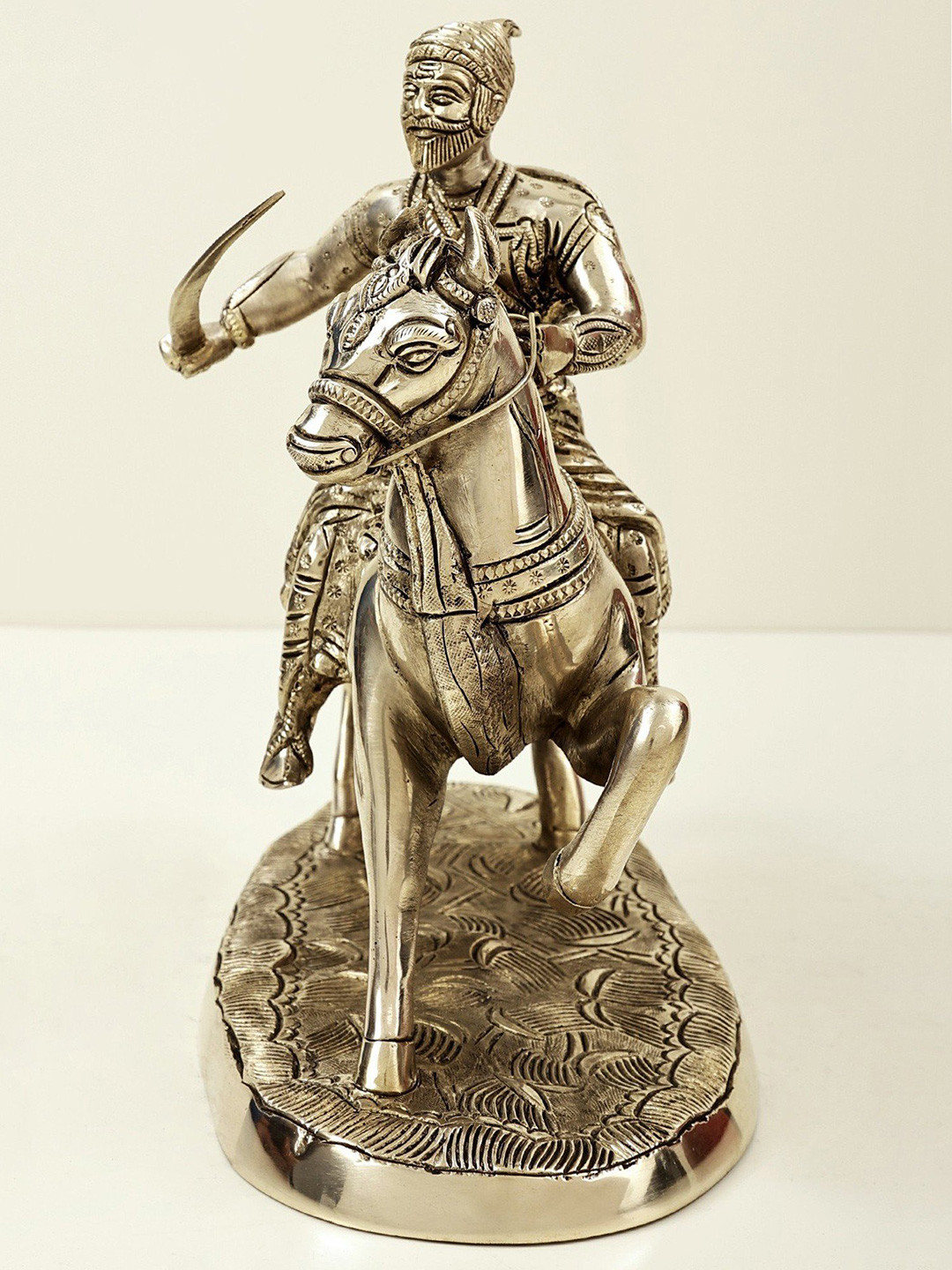 Exotic India Gold Toned Chhatrapati Shivaji Maharaj on Horse Brass Showpieces