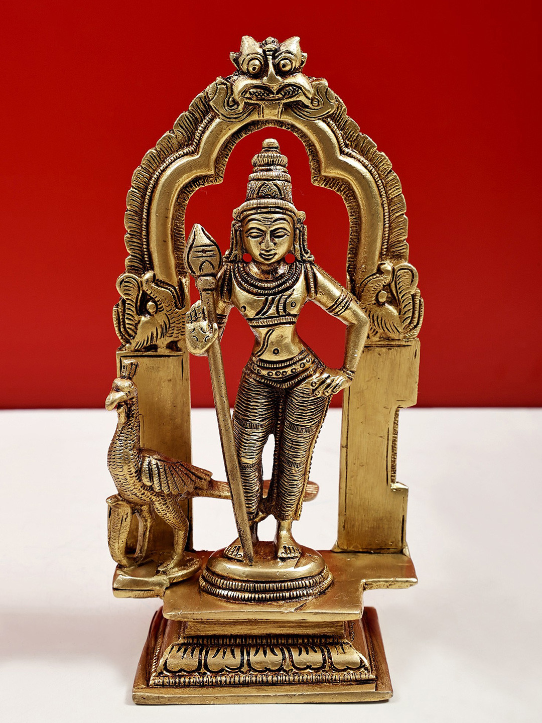 Exotic India Gold Toned Lord Kartikeya Religious Idol Showpiece