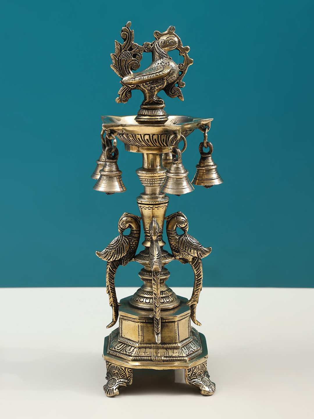 Exotic India Peacock Lamp with Bells Pooja Essential
