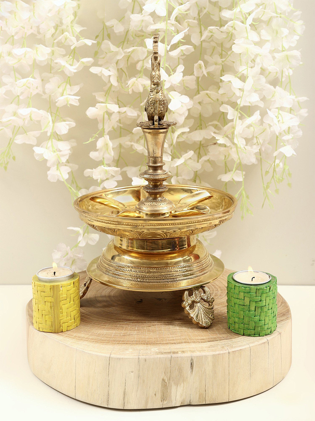 Exotic India Brass Peacock Oil Diya with Five Wicks