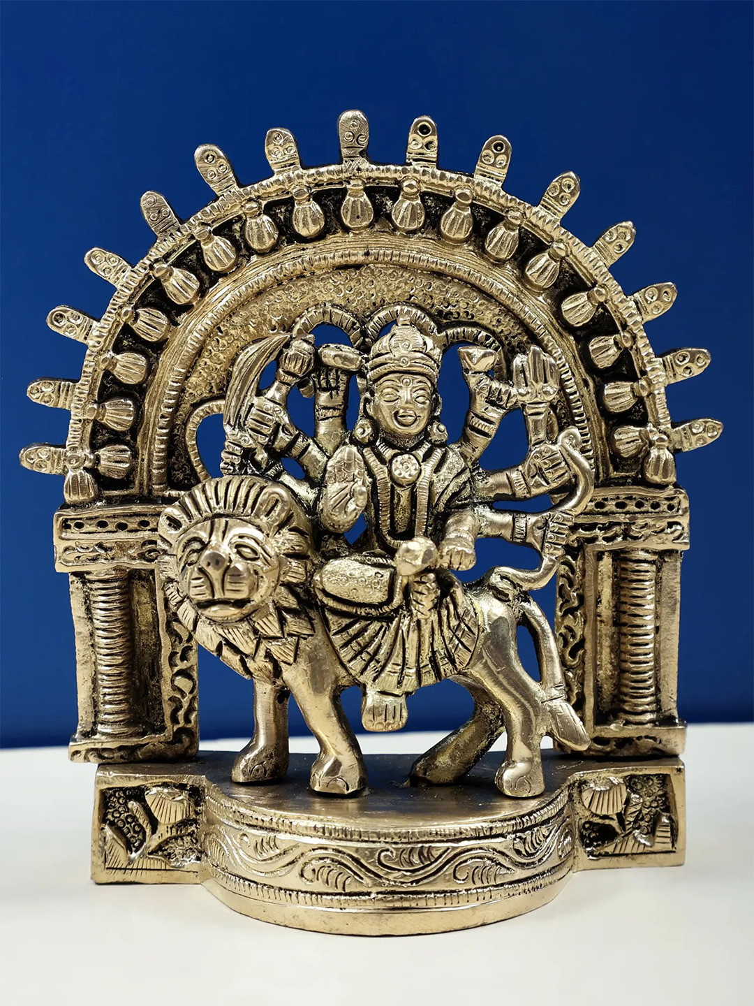 Exotic India Gold-Toned & Brown Maa Durga Brass Showpiece
