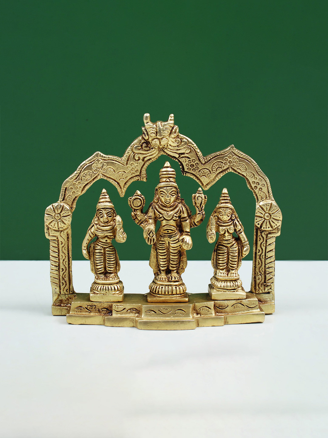 Exotic India Gold Toned Lord Vishnu with Shridevi and Bhudevi  Brass Statue