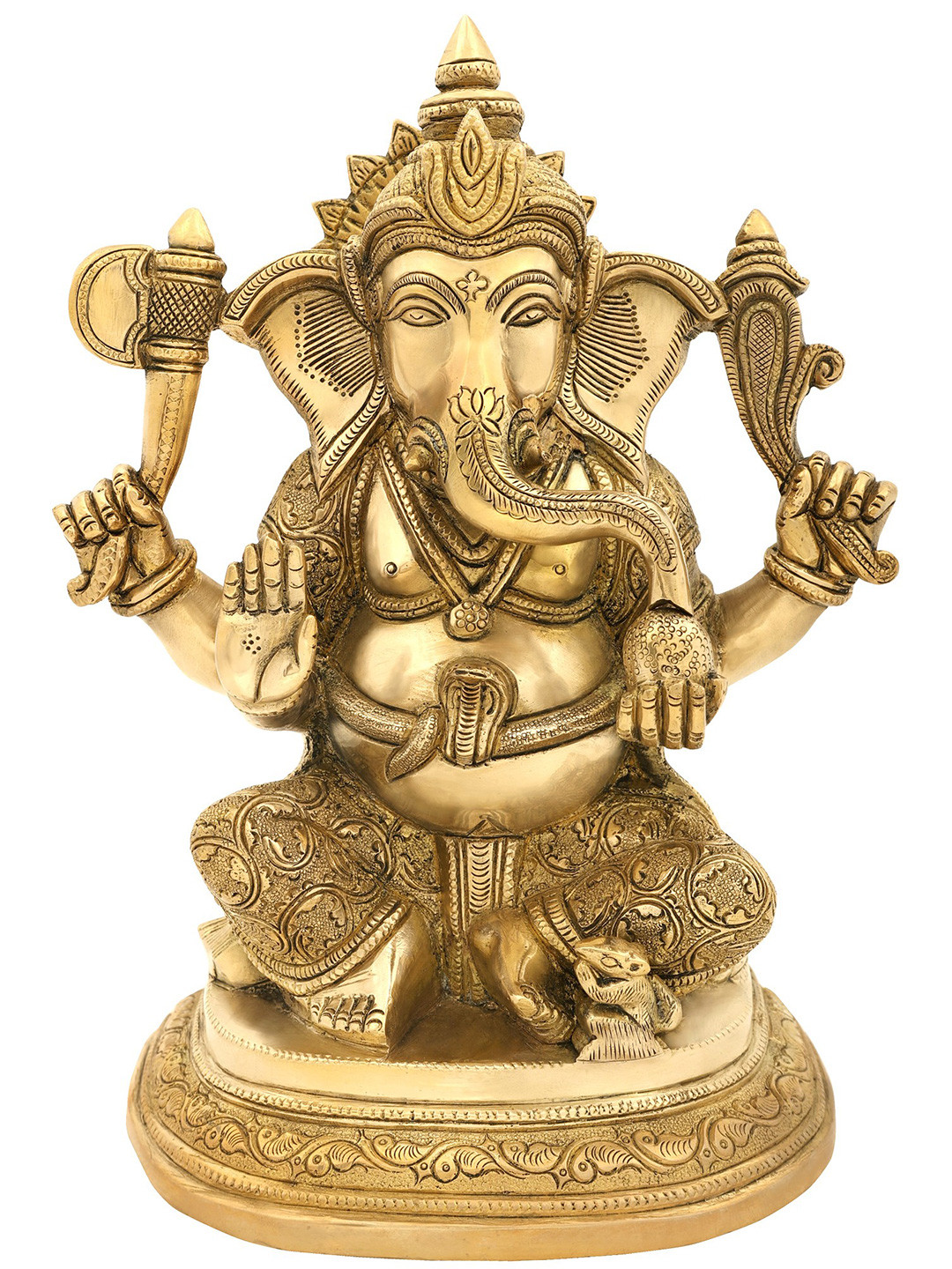 Exotic India Gold Toned Lord Ganesha Seated on Designer Pedestal Brass Showpieces