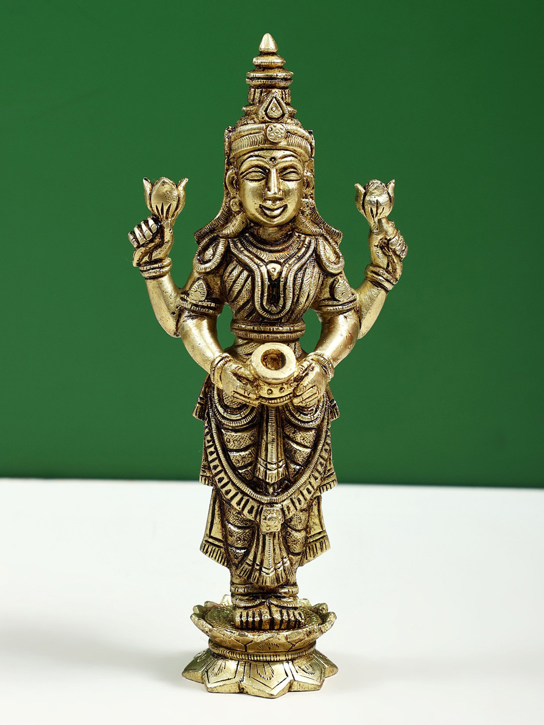 Exotic India Gold-Toned & Brown Standing Goddess Lakshmi Showpiece