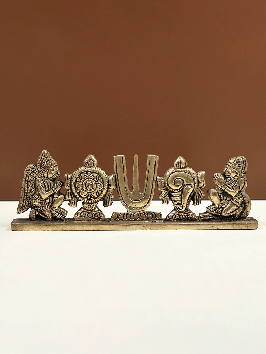 Exotic India Gold-Toned Vaishnava Symbol with Garuda and Hanuman Showpieces