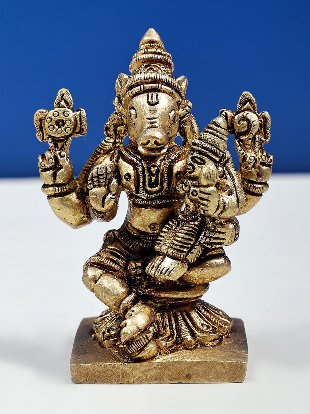 Exotic India Gold Toned Varaha Avatara of Vishnu & Devi Lakshmi Religious Statue Showpiece
