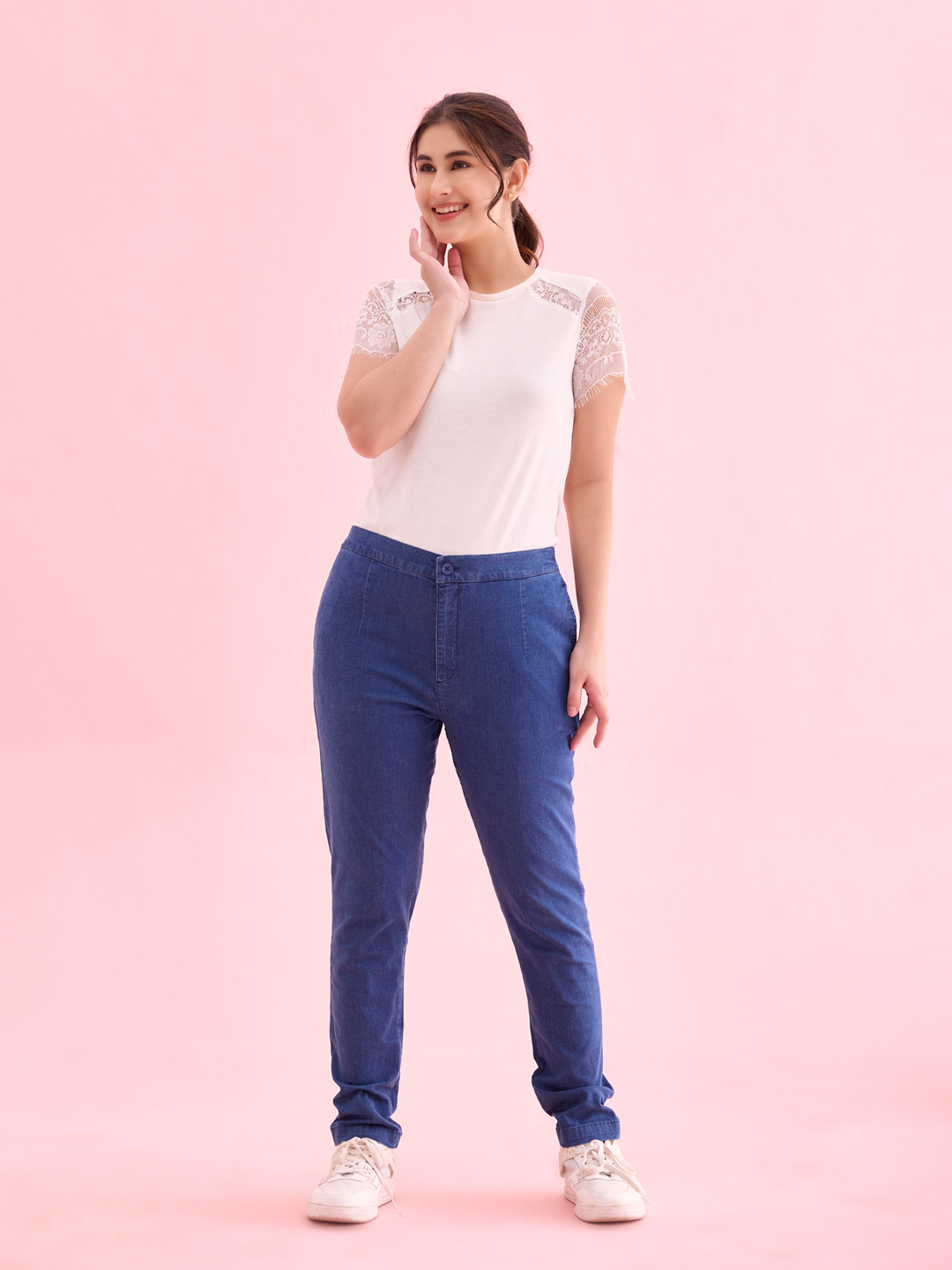 Go Colors Women Plus Size Blue Tailored Tapered Fit Trousers