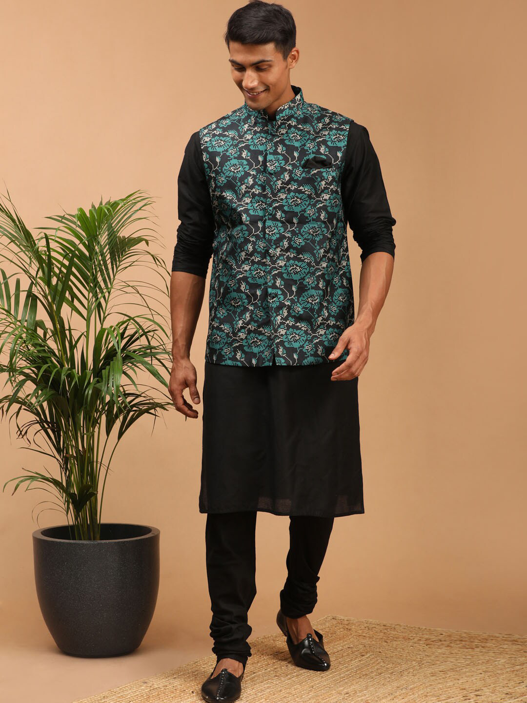 VASTRAMAY Men Black & Green Solid Kurta with Churidar & Printed Nehru Jacket