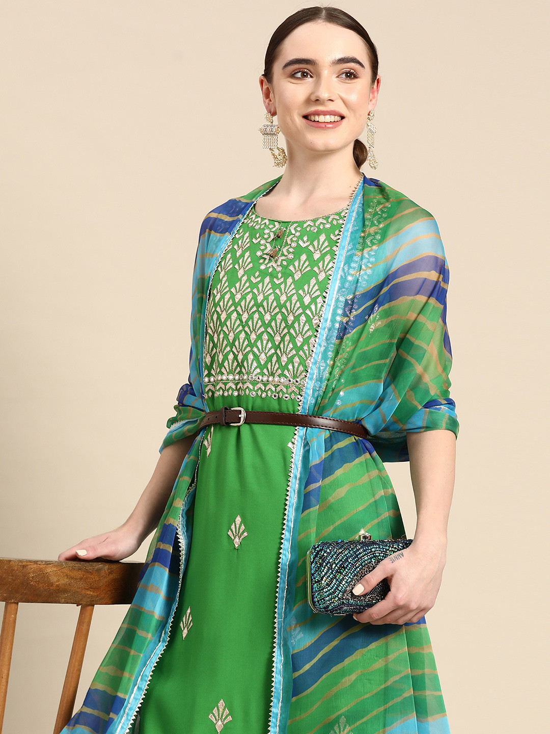 Sangria Woven Design Mirror Work Kurta with Palazzos & Dupatta