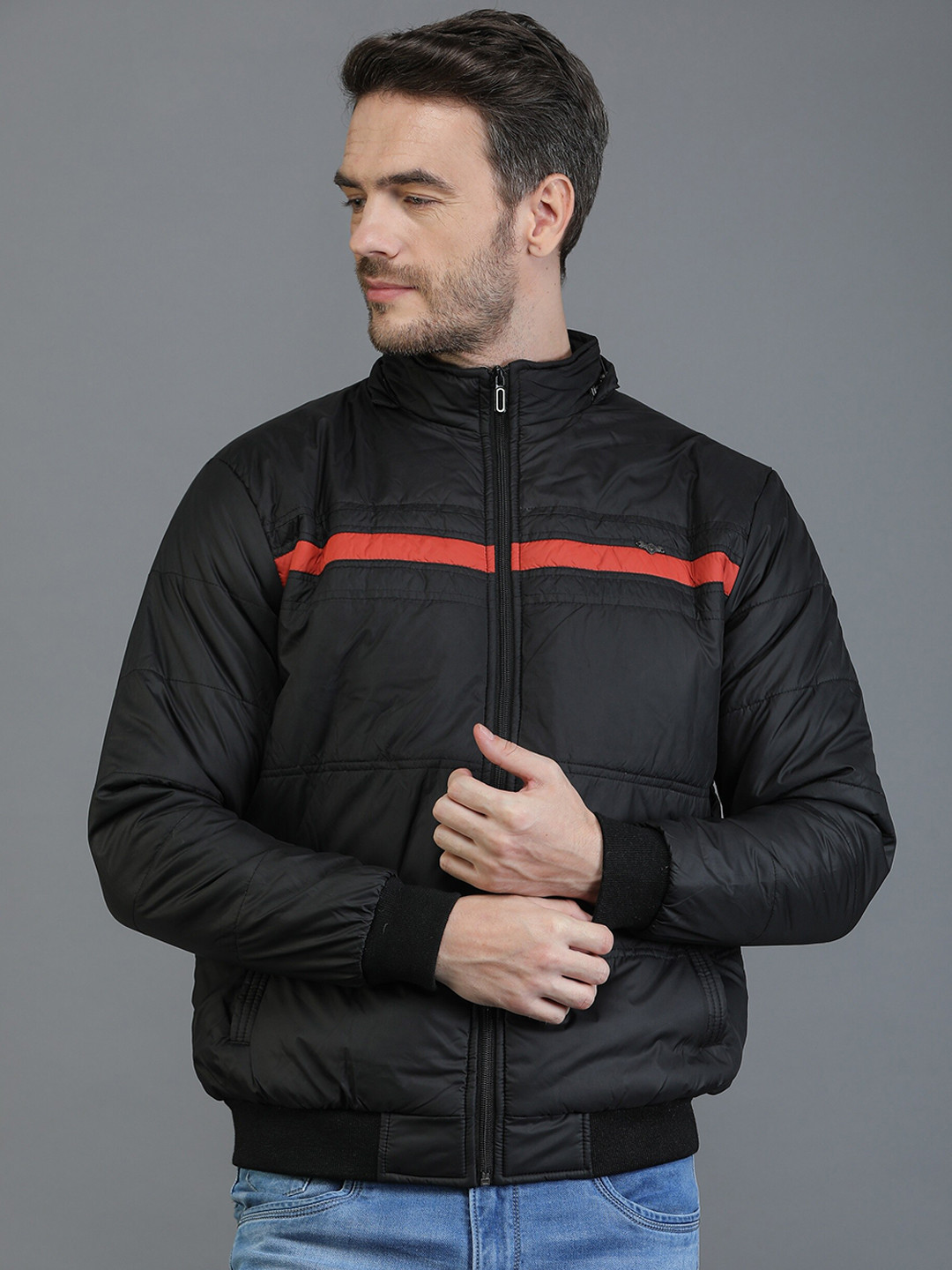 TQS Men Black & Orange Striped Windcheater and Water Resistant Bomber Jacket