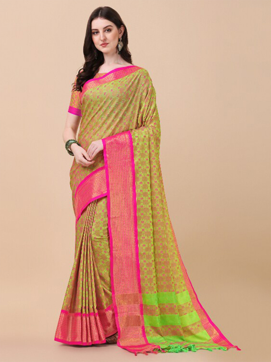awesome  Green & Pink Woven Design Zari Ikat Saree
