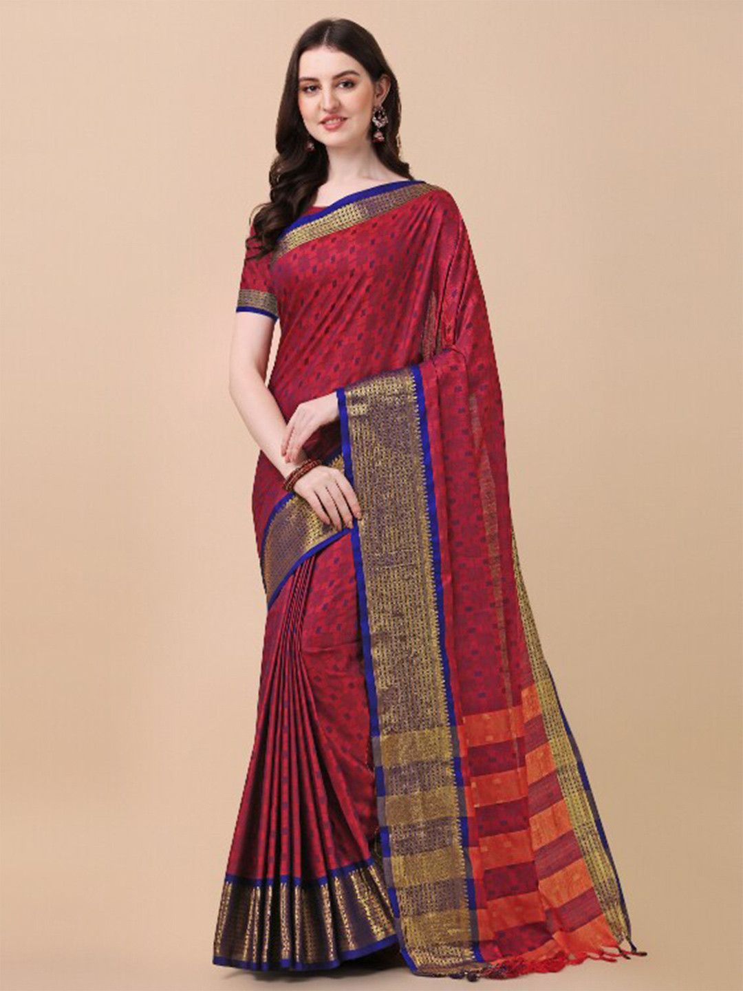 awesome  Red & Gold-Toned Woven Design Zari Ikat Saree