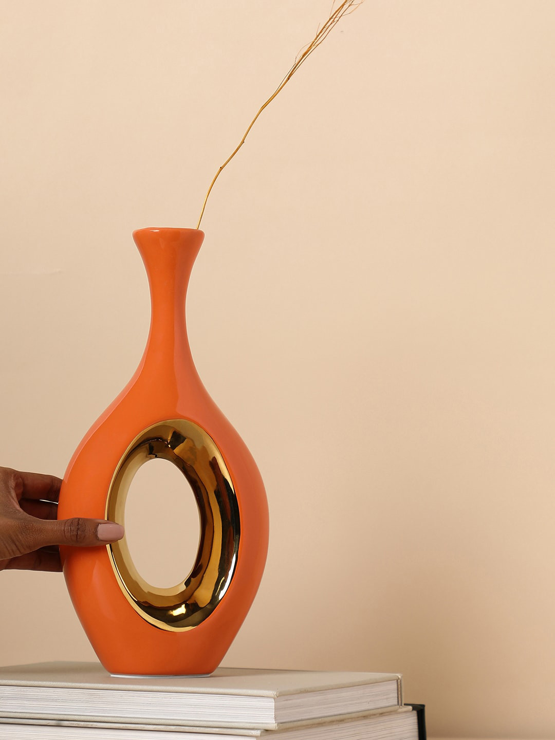 Bonhomie Orange Coloured & Gold-Toned Abstract Shaped Ceramic Vase