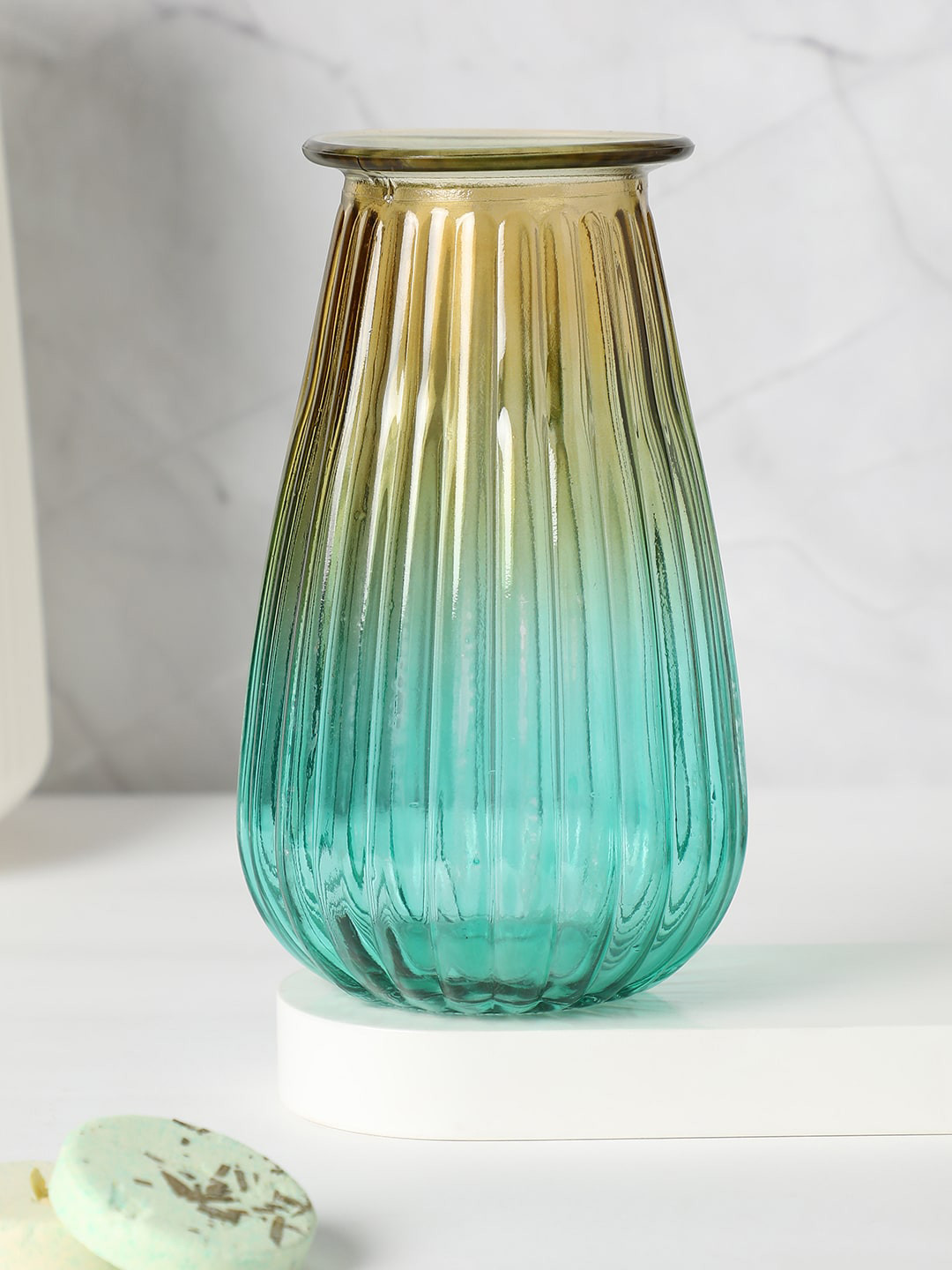 Bonhomie Aqua Blue & Mustard Yellow Striped Glass Vases